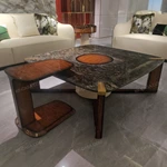Luxury Square Coffee Table with Multi-Material Design Featuring Natural Wood Veneer and Marble-Effect Top